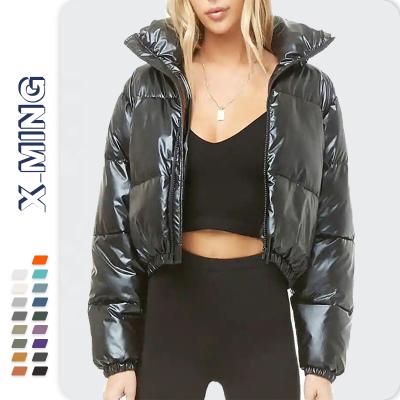 China OEM shiny black ladies waterproof fashionable bubble down shorts waterproof bomber jacket women stripper coats cool anorak jacket good quality for sale