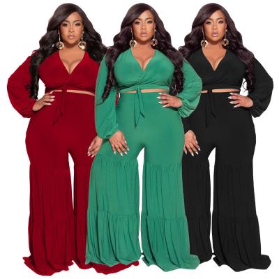 China Quick Dry Dropshipping Products 2024 Plus Size Women's Sexy Deep V-neck Lace-up Long-sleeved Patchwork Straight Pants Set for sale