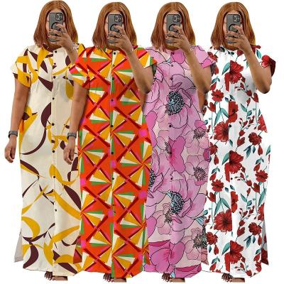 China Anti-Static Summer Dress 2024 Clothing Stand Collar Elegant Waist Slit Graphic Printing Shirt Long Skirt Plus Size Dress for sale