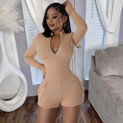 China Anti-Static 2023 Sexy Zipper V-neck Rompers Long Sleeve Zip-up Short Jumpsuits Pocket Solid Knitted Skinny Ribbed Women Jumpsuit for sale