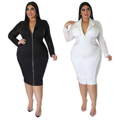 China Anti-Static Wholesale Plus Size Womens Clothing Solid Color Zipper See-through Stitching Slim Plus Size Elegant Dress for sale