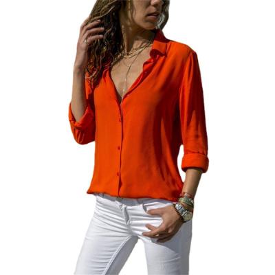 China Anti-Wrinkle Plus Size Solid Color V-Neck Polyester Long Sleeve Shirt Women's Chiffon Shirts for sale