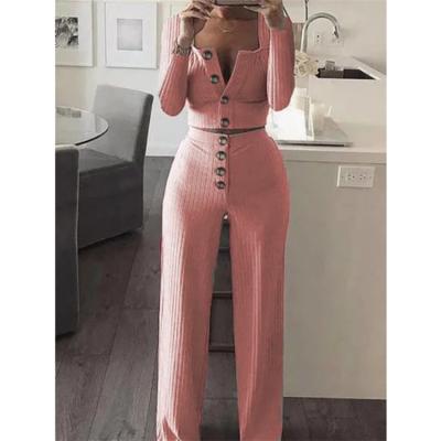 China QUICK DRY long sleeve stripe slim button decorated casual sets women's tops and pants ladies clothing set for sale