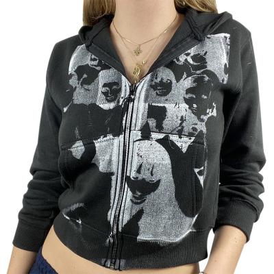 China Anti-Wrinkle Retro Hip Hop Printed Zipper Sweatshirt Hooded Autumn Casual Women Hoodies for sale