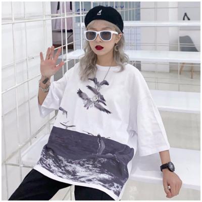 China Anti-Wrinkle Summer Mid Length Seagull Printed Tee Shirt Mid Sleeve Loose Plus Size Women's Tops Casual T-Shirt for sale