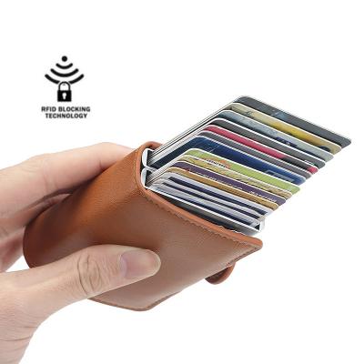 China Promotional Fashion RFID Leather Swipe Card Holder Pop Card Holder Short Anti-theft Passport Auto Stand Leather Unisex Customized for sale