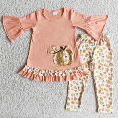 China RTS casual pumpkin embroidery match leopard spats fall clothes girl dress set children clothing for sale