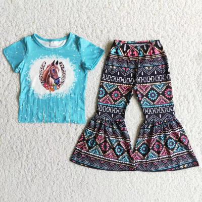 China 2021 hot sale rts horse horse print tassels shirt shirt matching aztec casual children clothing sets baby clothes for sale