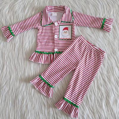 China RTS Cotton Stripe Santa Embroidery Girls Christmas Pajamas Casual Girl Clothing Boutique for sale