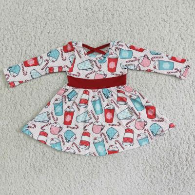 China Washable Xmas Cup Candy Cane Long Sleeve Twirl Dresses Kids Winter Clothing 2021 Girls Christmas Dress for sale