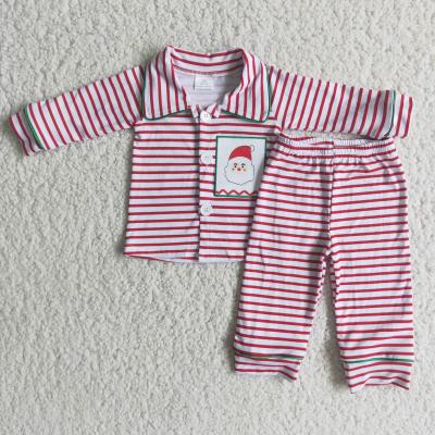 China RTS Cotton Stripe Santa Embroidery Boy Christmas Pajamas Toddler Boy Winter Casual Clothes for sale