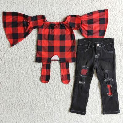 China Buffalo Boutique Plaid Denim Shirt Pants Casual Outfits Kids Girls Christmas Clothing for sale