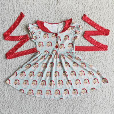 China Washable Print Santa Short Sleeve Belt Dresses Toddler Girl Clothing Girls Christmas Dress for sale