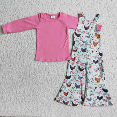 China Pink Casual Cotton Shirt Chicken Print Jumpsuits Girls Boutique Outfits Kids Fall Clothing 2021 for sale