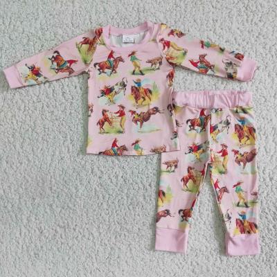 China Casual Pink Horse Print Long Sleeve Baby Outfits Girls Pajamas Girls Boutique Pajamas for sale