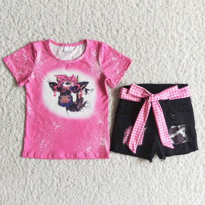 China 2021 Casual Hot Red Cow Print Shirt Match Denim Shorts Cute Toddler Girl Clothes Dress Kids for sale