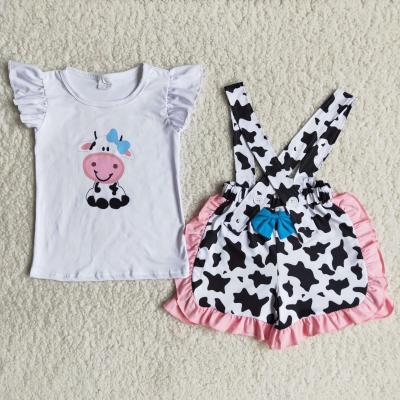 China 2021 Cow Print Shirt Casual Suspender Shorts Outfits Kids Clothes Girls Little Girl Summer Clothes for sale