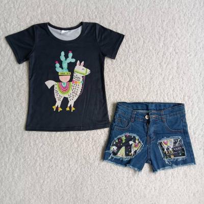 China 2021 Casual Baby Clothes Kids Clothes Toddler Girl Outfits Llama Print Shirt Match Denim Shorts for sale