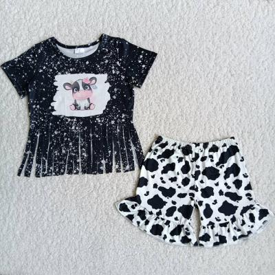 China 2021 casual summer clothing boutique girls outfits kids cow print tassels shirt match shorts set rts for sale