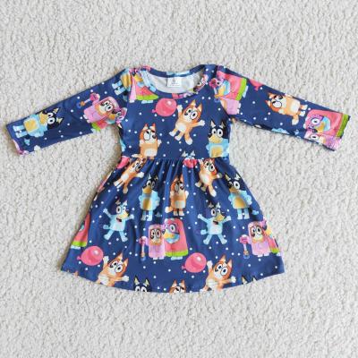 China Washable Blue Dog Long Sleeve Dresses Girls Clothes Winter Baby Dress Boutique for sale