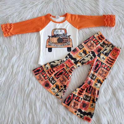 China 2021 Trick or Treat Printing Casual Bell Bottom Pants Halloween Set Toddler Boutique Outfits Kids Clothing Girls for sale