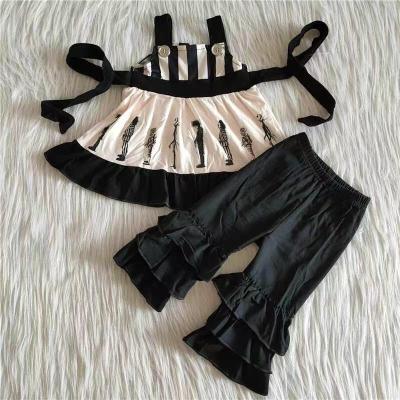 China 2021 Halloween Black White Match Ruffle Stripe Tunic Casual Triple Pants Set Girls Clothing Wholesale Kids Clothing for sale