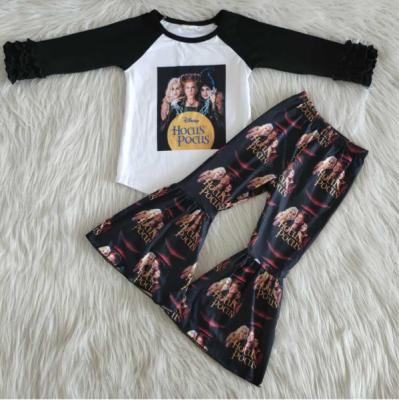 China Casual Screen Print Black Long Sleeve Shirt Pants Set Kids Clothing Girls Halloween Outfits for sale