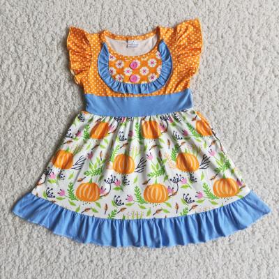 China Hot Sale Washable Pumpkin Print Floating Sleeve Drop Dresses Bulk Wholesale Kids Clothing Baby Dresses for sale