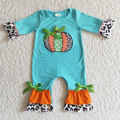 China Polyester/Cotton Teal Pumpkin Embroidery Romper Little Girls Clothing Baby Clothes Romper for sale