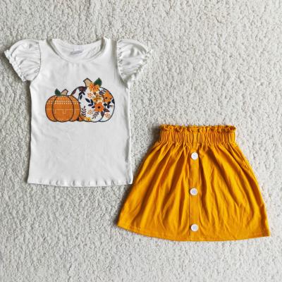 China 2021 casual pumpkin print shirt match skirt drop outfits kids boutique clothing sets toddler girl clothes for sale