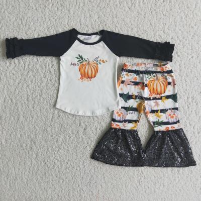 China Long Sleeve Pumpkin Shirt Sequin Bell Bottom Casual Pants Sets Toddler Girl Outfits Fall Kids Clothes Online for sale