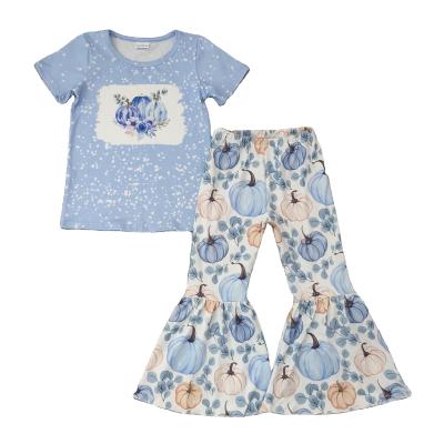 China Casual Spring/Fall Cool and Elegant Blue Pumpkin Shirt Bell-bottom Pants Babies Thanksgiving Set Set for sale