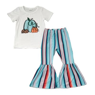 China Spring/Autumn Kids Casual Boutique Clothes Thanksgiving Pumpkin Shirt Stripe Bell-Bottom Pants Set for sale