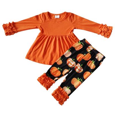 China Thanksgiving Casual Style Cotton Tunic Orange Pumpkin Ruffled Pants Baby 2 Pieces Fall Set for sale