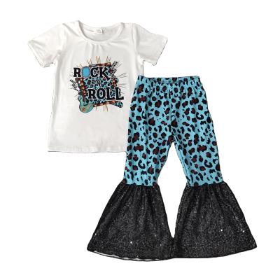 China Rock N Overall Babies Rock N Guitar Roll Casual Shirt Blue Leopard Print Pants Autumn Winter With Seuqin Bell for sale