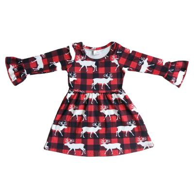 China Winter Christmas Style Breathable Babies Dress Red Elk And Black Grid Pattern Backing Wholesale for sale