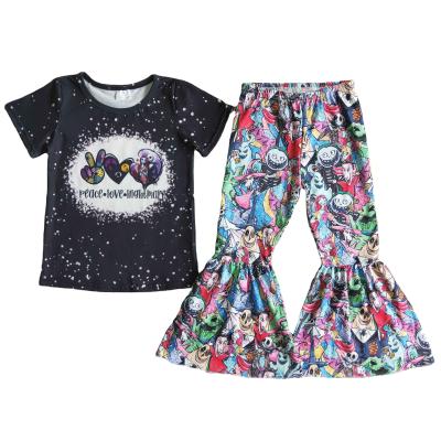 China Autumn Winter Girls Halloween Peace Love Jack Black Shirt Cartoon Print Bell Bottom Pants Set for sale