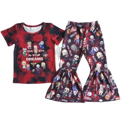 China Casual Autumn Winter See You In Your Dreams Girls Halloween Wine Red Shirt Skull Print Bell Bottom Pants Set for sale