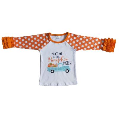 China Breathable Fall/Winter Babies Thanksgiving Style Polka Ruffled Long Sleeve Shirt Pumpkin Raglan Print for sale