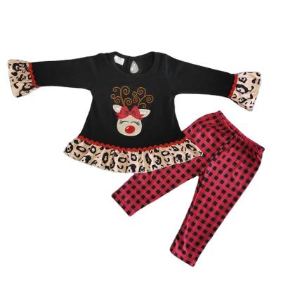 China Boutique RTS wholesale Christmas deer ruffles casual black plaid leopard leggings no MOQ girls clothing sets kids clothing baby clothes for sale