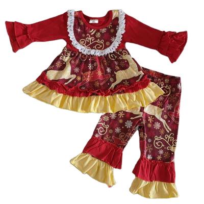 China Christmas Casual Deer Red Lace Ruffles Bell Bottom Wholesale RTS Top Boutique No MOQ Girls Dressing Sets Kids Dress Baby Clothes for sale