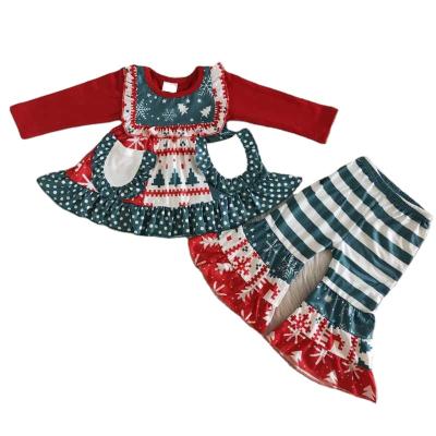 China Christmas Tree Casual Red Dots Pockets Ruffles Stripes Bell Bottom Wholesale RTS 1 MOQ Girls Dress Sets Kids Dress Baby Clothes for sale