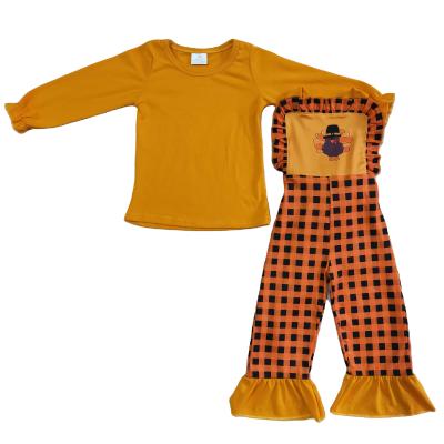 China Turkey Soft Orange Plaid Thanksgiving Sleeve Bell Overall Pants Long Sets Girls Boutique Kids Baby Clothing for sale