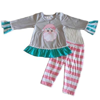 China Boutique Wholesale RTS Santa Ruffles Pattern Casual Blue Pink Stripe Top Legging NO MOQ High Quality Baby Western Outfit Girls Sets for sale