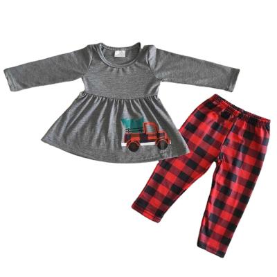 China Boutique Wholesale RTS Christmas Tree Casual Gray Plaid Tunic Leggings NO MOQ High Quality Baby Western Outfit Girls Sets for sale