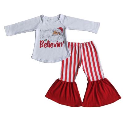 China RTS Wholesale Boutique Christams Santa Casual Red Stripe Bell Bottom Pants NO MOQ Kids Clothing Baby Western Outfit Girls Sets High Quality for sale