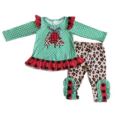 China Sweet Green Dots Leopard Christmas Tree Tunic Long Sleeve Legging Ruffles Hot Sale Boutique Kids Baby Clothing for sale