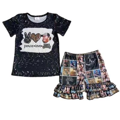 China Sweet Black Wholesale Boutique Love Peace Short Sleeve Bleach Ruffles Short Pants Girls RTS No MOQ Baby Clothes Kids Clothing for sale