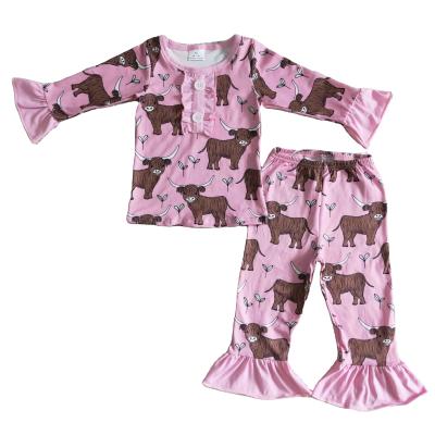 China Cow cartoon pink breathable pajamas match pants outfits for wholesale RTS NO MOQ high quality western style baby girls kids clothing for sale