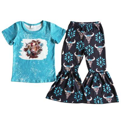 China cotton & Spandex Summer Autumn Girl Clothes Bull Print Blue Short Sleeves T-shirt And Black Flared Pants Suit Kids Clothing for sale